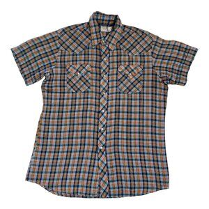 Vintage 70s Stockman Western Pearl Snap Shirt Size XL Plaid Orange Blue USA Made